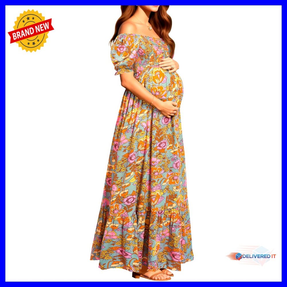 Maternity Maxi Dress Off Shoulder Smocked Top A-Line Summer Floral